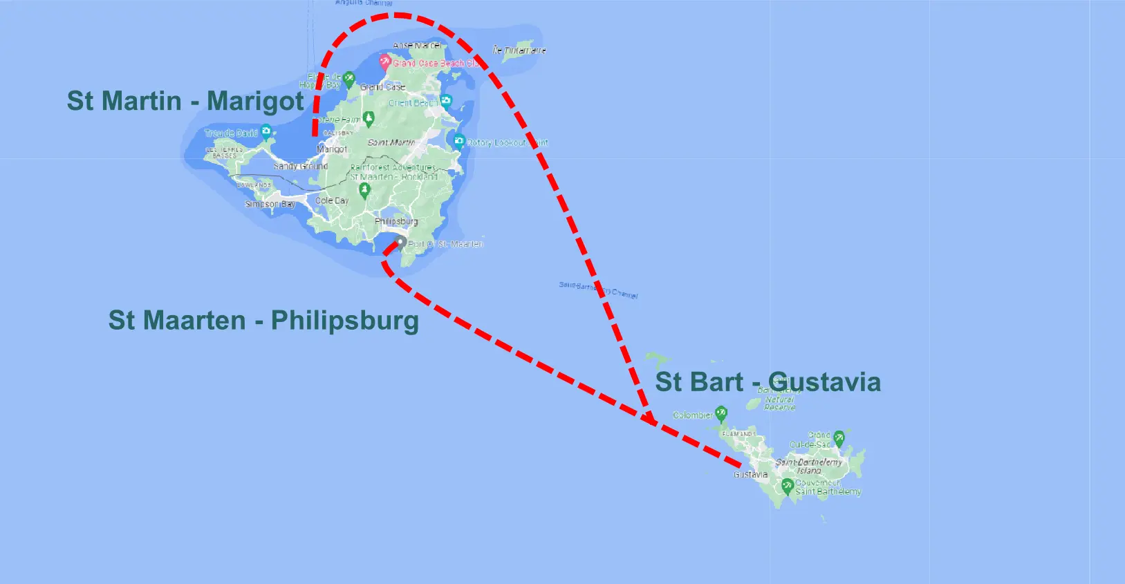 Map showing ferry routes to and from St. Barthélemy