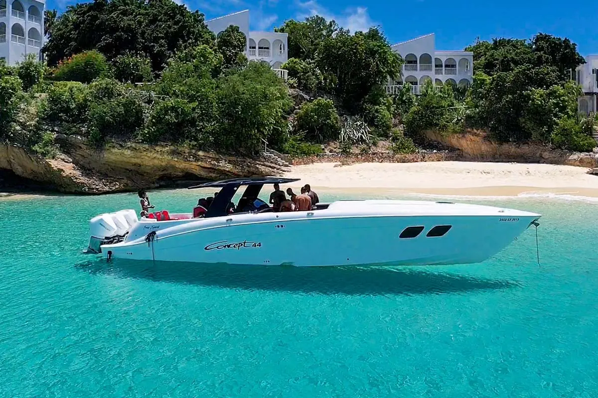 Private charter boat anchored in turquoise water off St Barth
