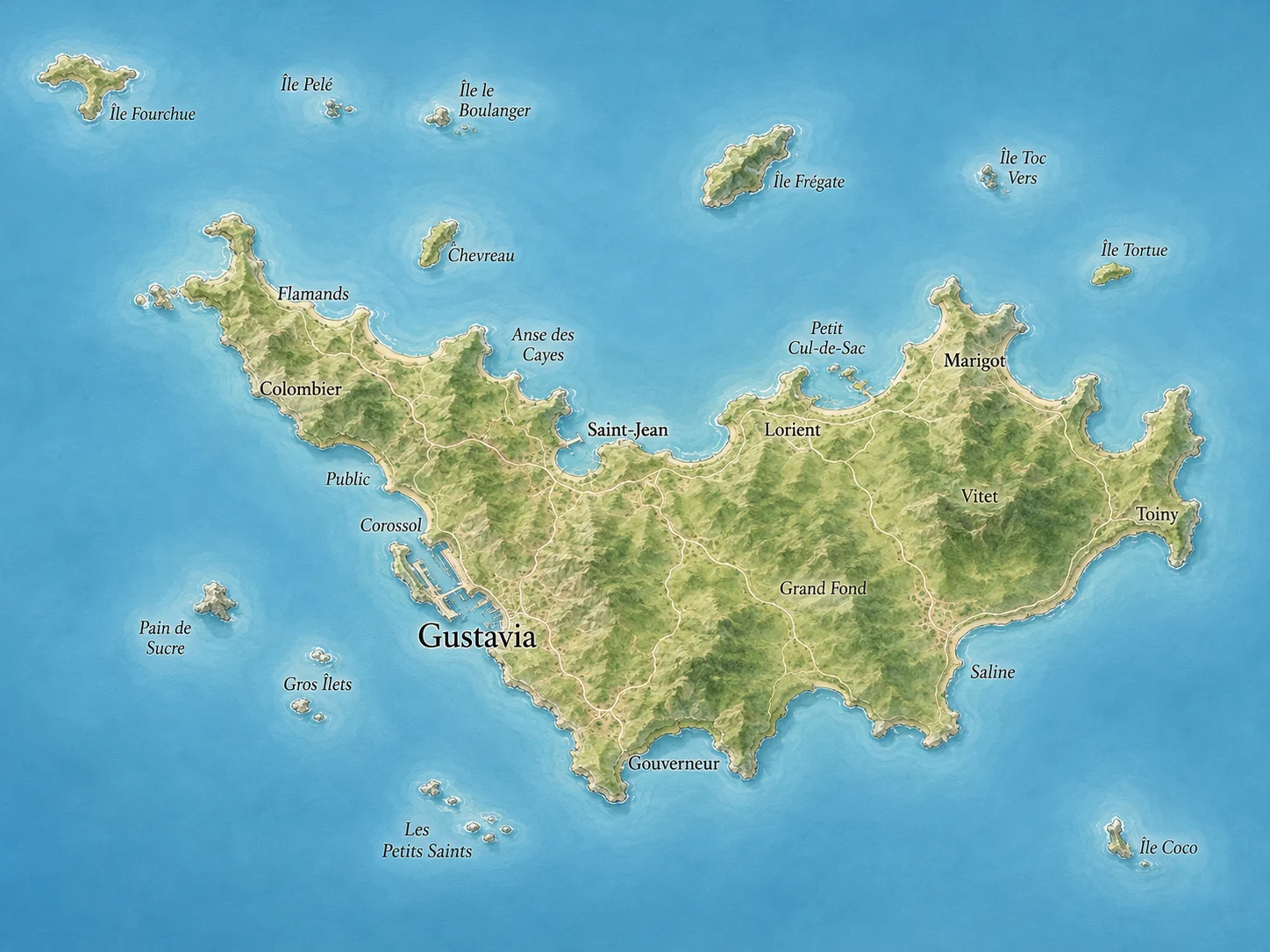 Relief map of St Barth showing Gustavia, Saint-Jean, Flamands, Colombier, Lorient, Grand Fond, Saline, Gouverneur and the offshore islets